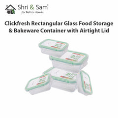 Glass 370ml, 640ml, 1050ml & 1520ml Food Storage & Bakeware Container with Airtight Lid Rectangular Clickfresh