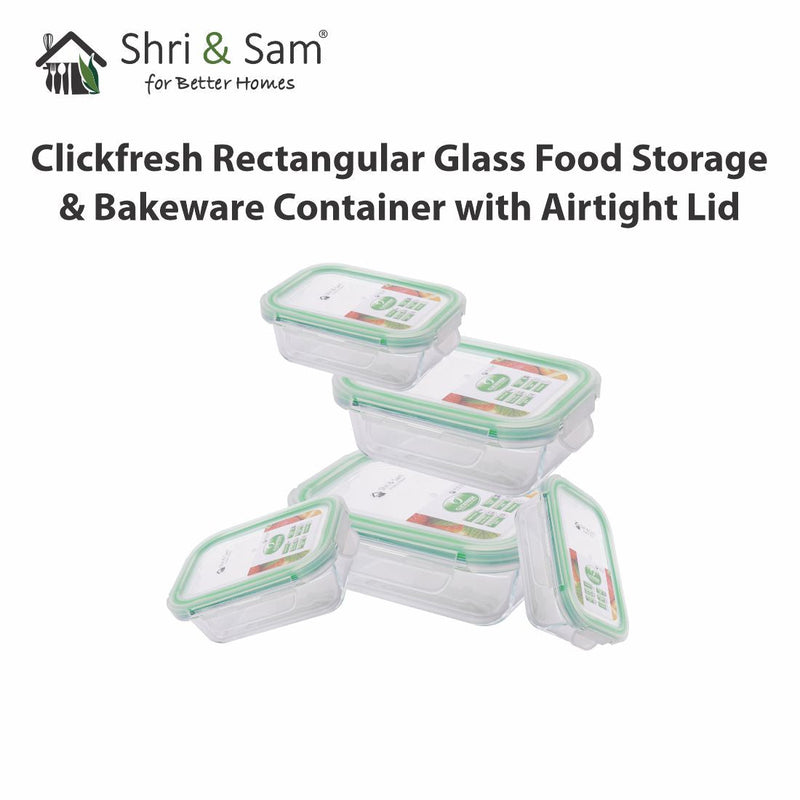 Glass 370ml, 640ml, 1050ml & 1520ml Food Storage & Bakeware Container with Airtight Lid Rectangular Clickfresh