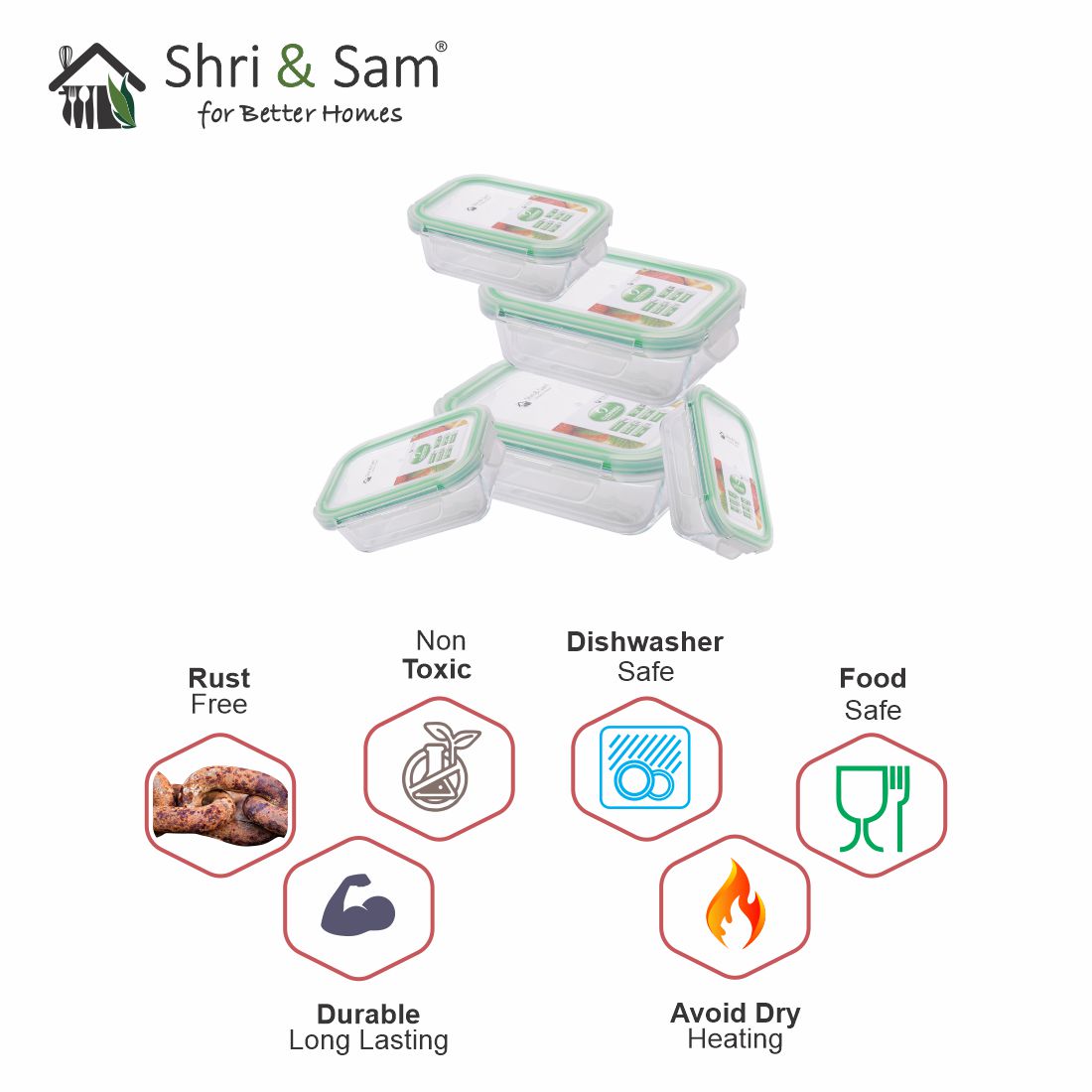Glass 370ml, 640ml, 1050ml & 1520ml Food Storage & Bakeware Container with Airtight Lid Rectangular Clickfresh