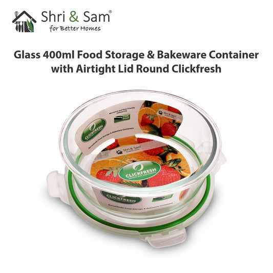 Glass 400ml Food Storage & Bakeware Container with Airtight Lid Round Clickfresh