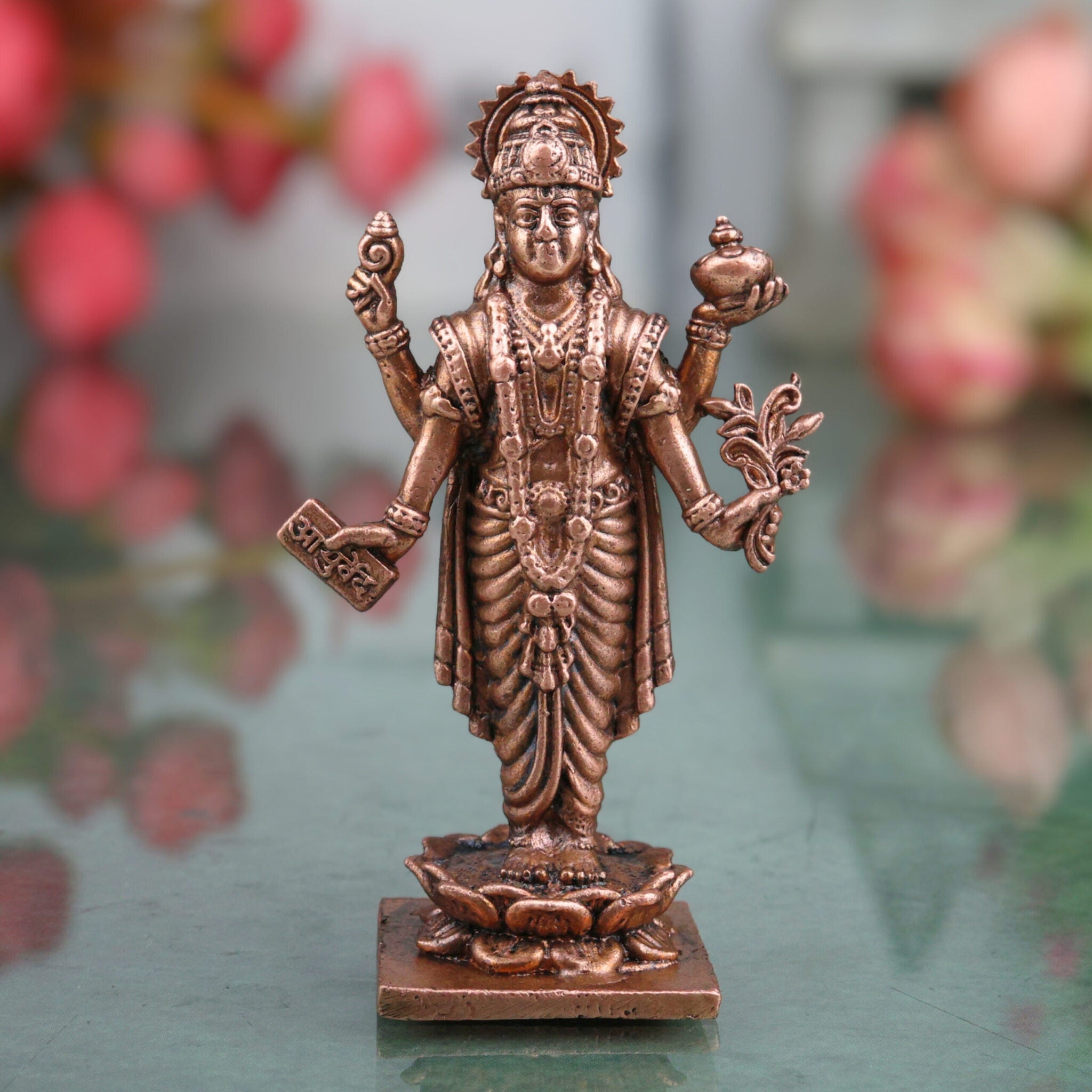 Copper Dhanvantari Vigraham, Lord Dhanwantri Ayurveda Devata Arogya Murti, Tamra Thamra Puja Sculpture for Home Worship, Brown, 3 Inch, 1 Piece