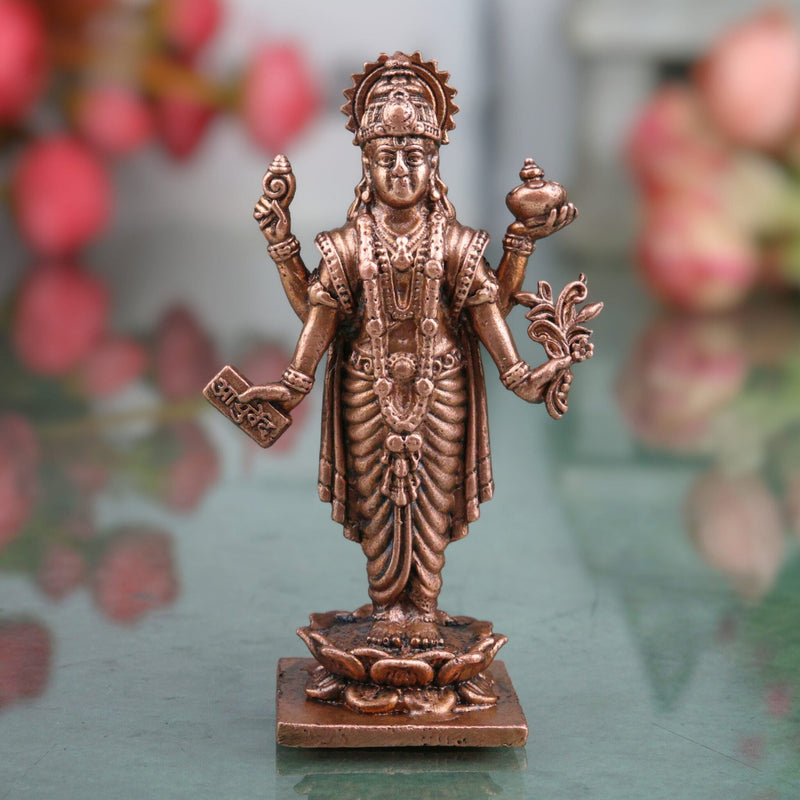 Copper Dhanvantari Vigraham, Lord Dhanwantri Ayurveda Devata Arogya Murti, Tamra Thamra Puja Sculpture for Home Worship, Brown, 3 Inch, 1 Piece