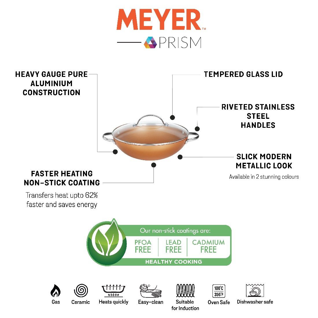 Prism Non-Stick Kadai 28cm, Copper [Induction & Gas Compatible]