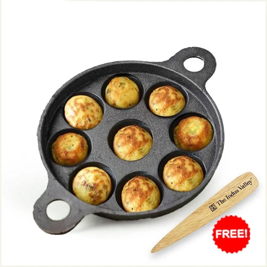 Super Smooth 9 Pit/Cup Cast Iron Paniyaram/Appe Pan+ Free Spatula, Pre-seasoned, Natural Nonstick, 100% Pure, Toxin-free, 20.7 cm, 2.8kg