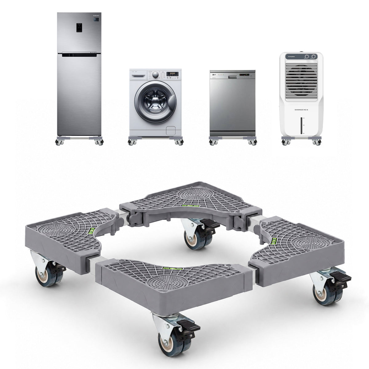Corvids Adjustable Washing Machine Stand with Wheels | 2-Year Warranty | Refrigerator, Air Cooler & Dishwasher Trolley, 360° Rotating Lockable Wheels, Anti-Skid Grid Platform, 150 KG Capacity (Grey)