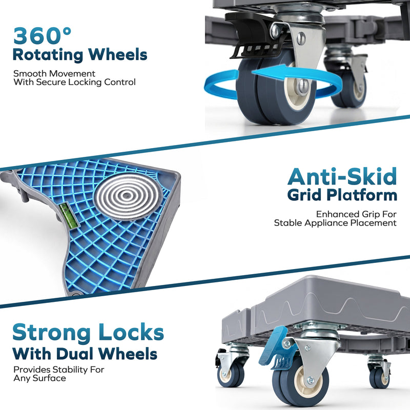 Corvids Adjustable Washing Machine Stand with Wheels | 2-Year Warranty | Refrigerator, Air Cooler & Dishwasher Trolley, 360° Rotating Lockable Wheels, Anti-Skid Grid Platform, 100 KG Capacity (Grey)-3