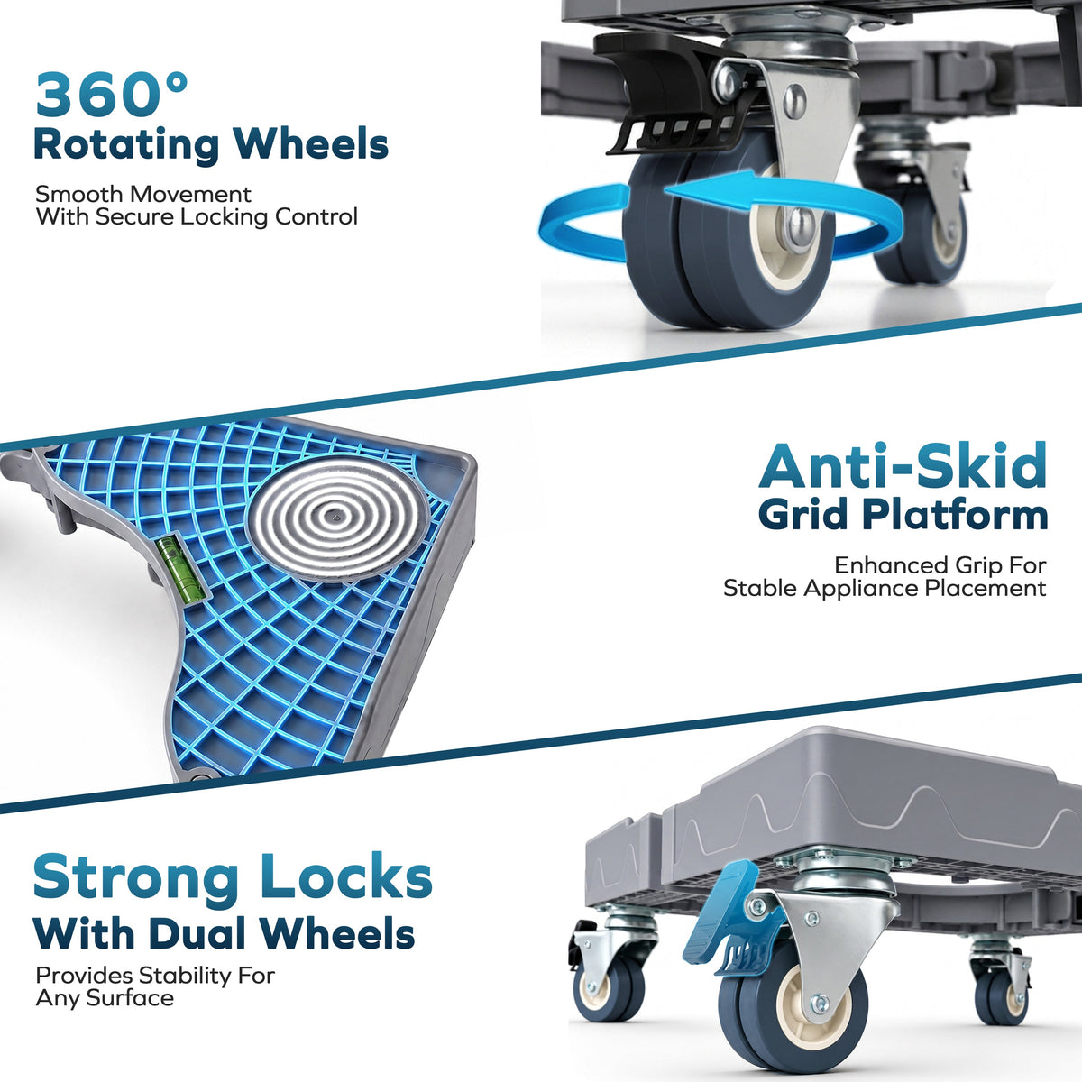 Corvids Adjustable Washing Machine Stand with Wheels | 2-Year Warranty | Refrigerator, Air Cooler & Dishwasher Trolley, 360° Rotating Lockable Wheels, Anti-Skid Grid Platform, 150 KG Capacity (Grey)-4