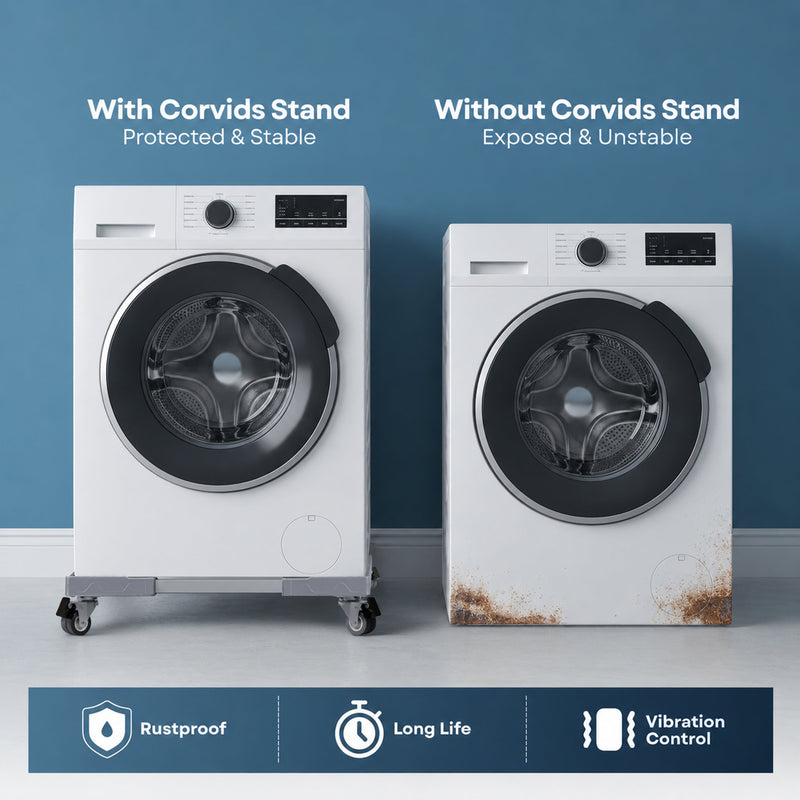 Corvids Adjustable Washing Machine Stand with Wheels | 2-Year Warranty | Refrigerator, Air Cooler & Dishwasher Trolley, 360° Rotating Lockable Wheels, Anti-Skid Grid Platform, 100 KG Capacity (Grey)-5