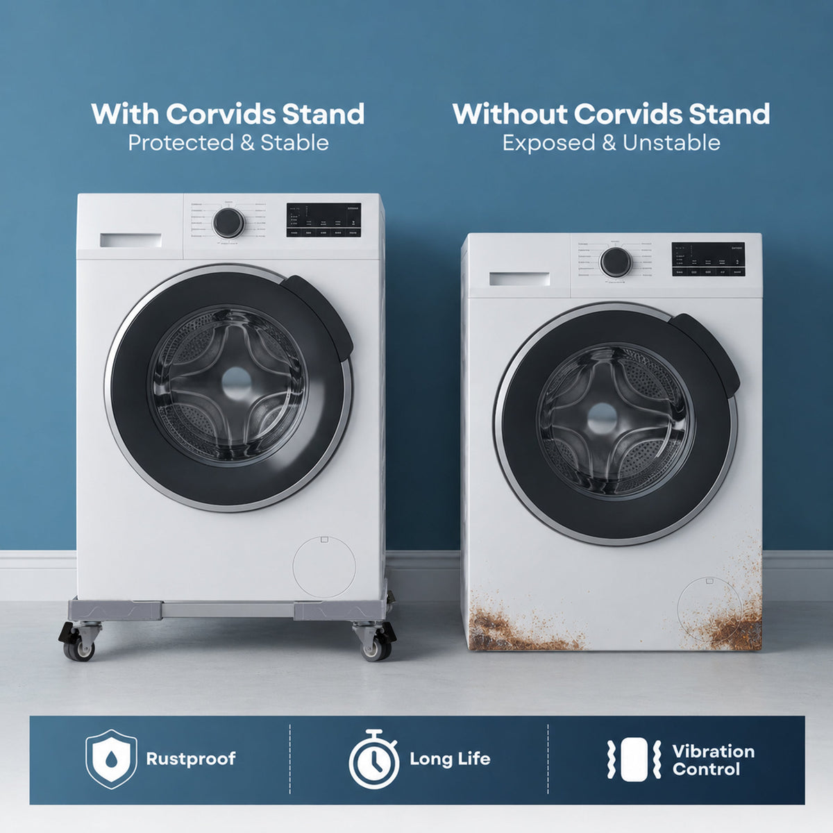 Corvids Adjustable Washing Machine Stand with Wheels | 2-Year Warranty | Refrigerator, Air Cooler & Dishwasher Trolley, 360° Rotating Lockable Wheels, Anti-Skid Grid Platform, 150 KG Capacity (Grey)-6