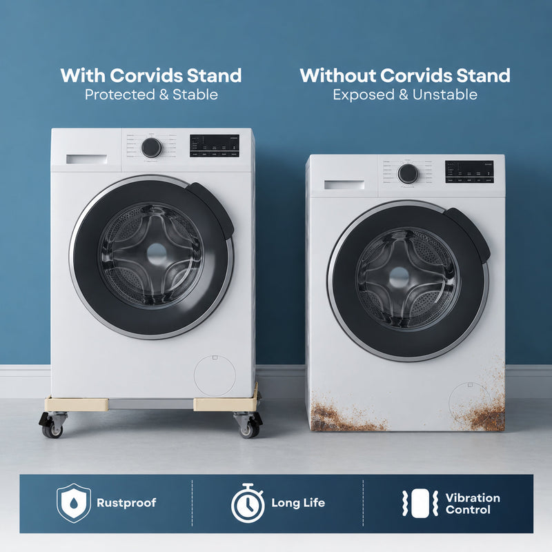 Corvids Adjustable Washing Machine Stand with Wheels | 2-Year Warranty | Refrigerator, Air Cooler & Dishwasher Trolley, 360° Rotating Lockable Wheels, Anti-Skid Grid Platform, 100 KG Capacity (White)-4