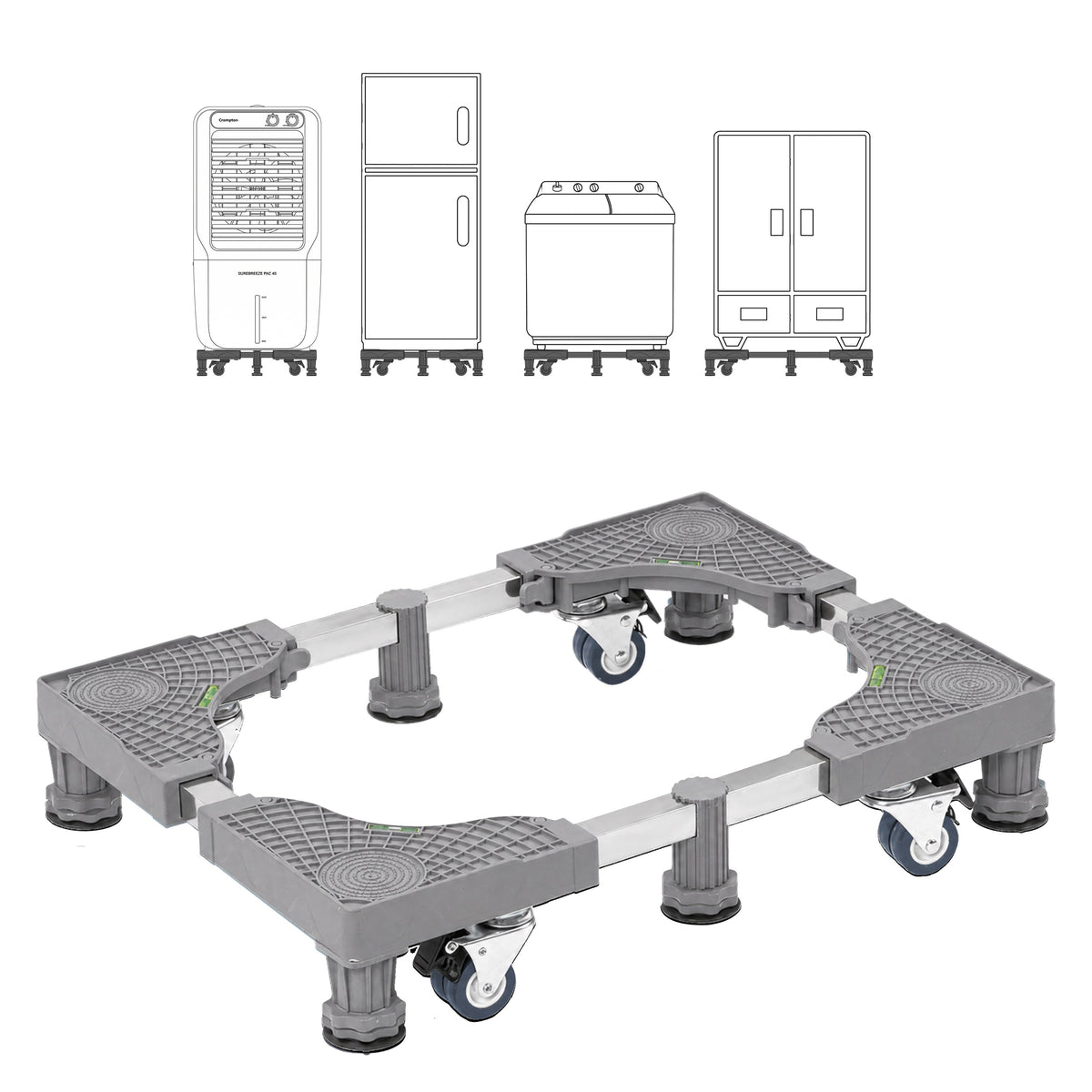 Corvids Adjustable Side by Side Refrigerator Stand with Anti-Vibration Legs | 2-Year Warranty | Washing Machine & Dishwasher Trolley, 360° Rotating Lockable Wheels with 150 KG Capacity (Grey)