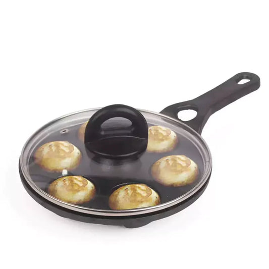 7 Pit/Cup CASTrong Cast Iron Paniyaram/Appe Pan+ Glass Lid, Pre-seasoned, Nonstick, 100% Pure, Toxin-free, 21 cm, 1.9 kg