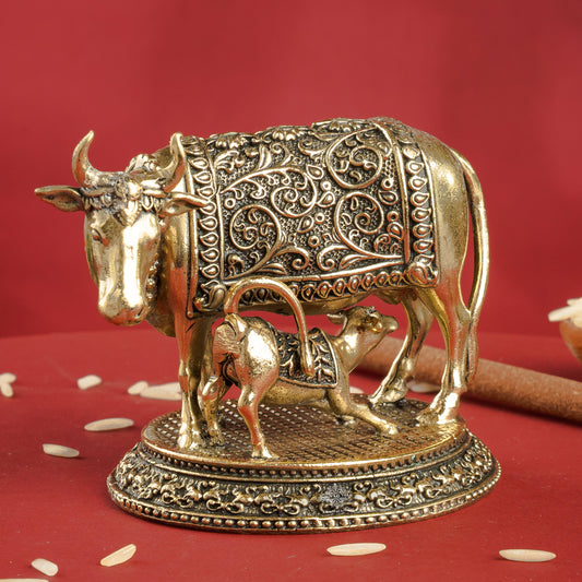 Pure Brass Kamadhenu Cow With Calf  – Symbol of Prosperity &  Blessings