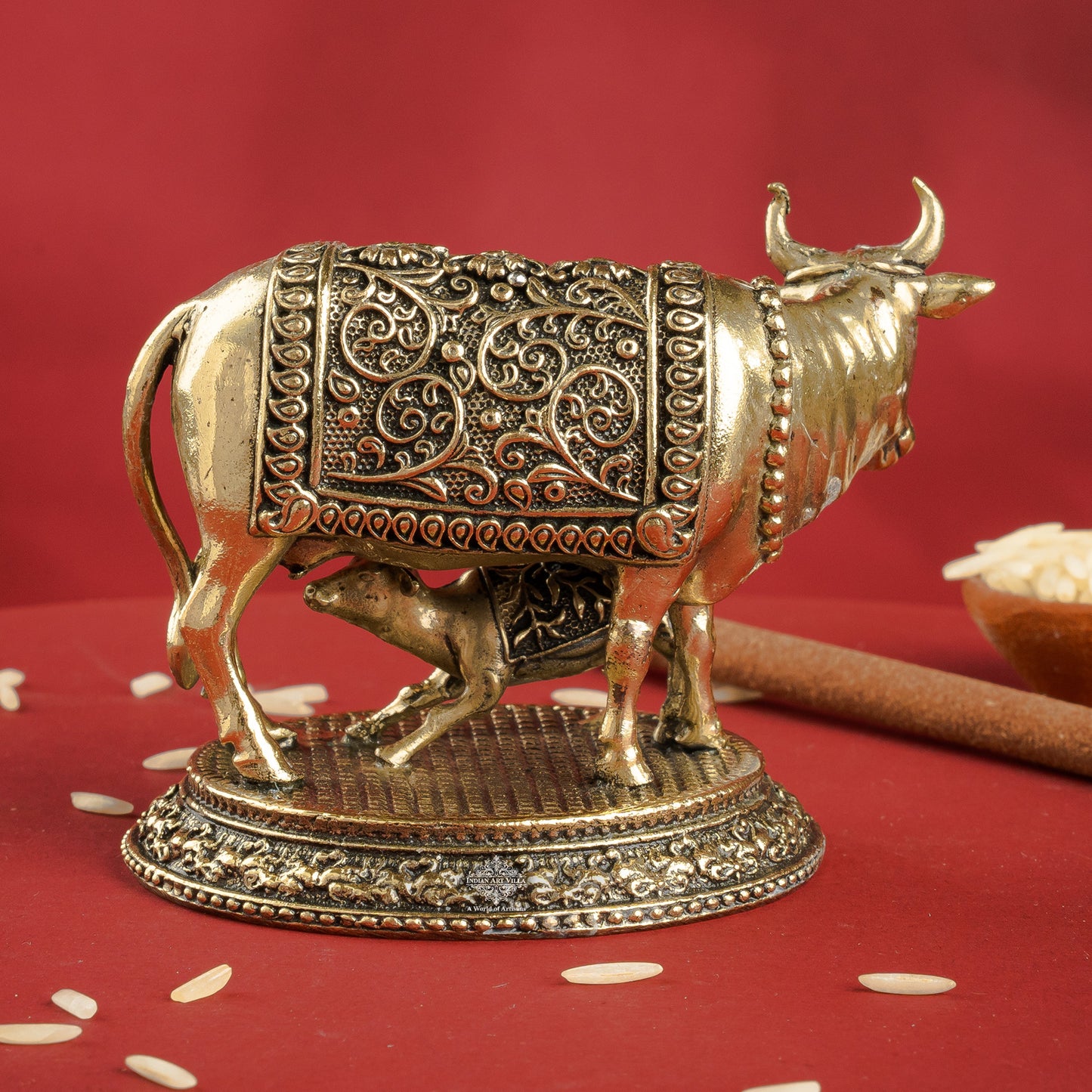 Pure Brass Kamadhenu Cow With Calf  – Symbol of Prosperity &  Blessings