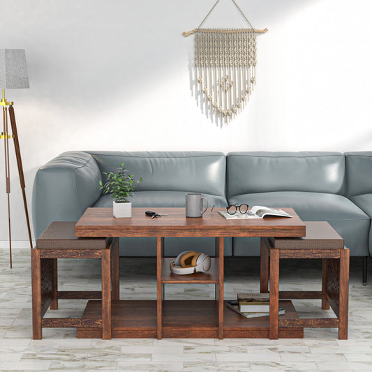 Nilkamal Corner Solid Wood Coffee Table with 2 Set Stools (Walnut)