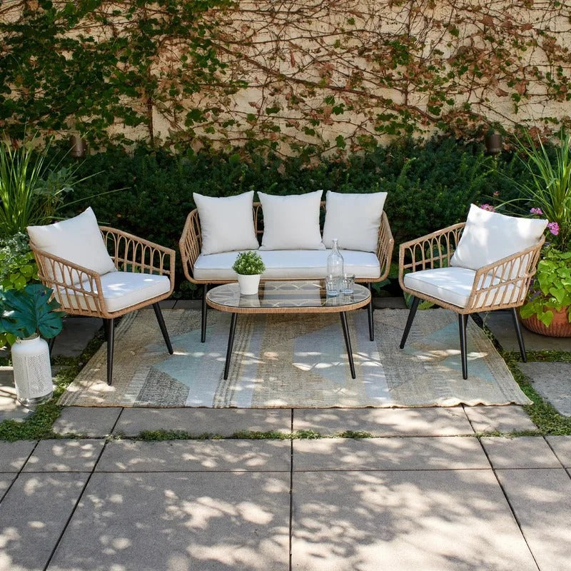 Pyro Outdoor Garden Balcony Sofa Set 2 Seater, 2 Single seater and 1 Table Set (White + Tan)