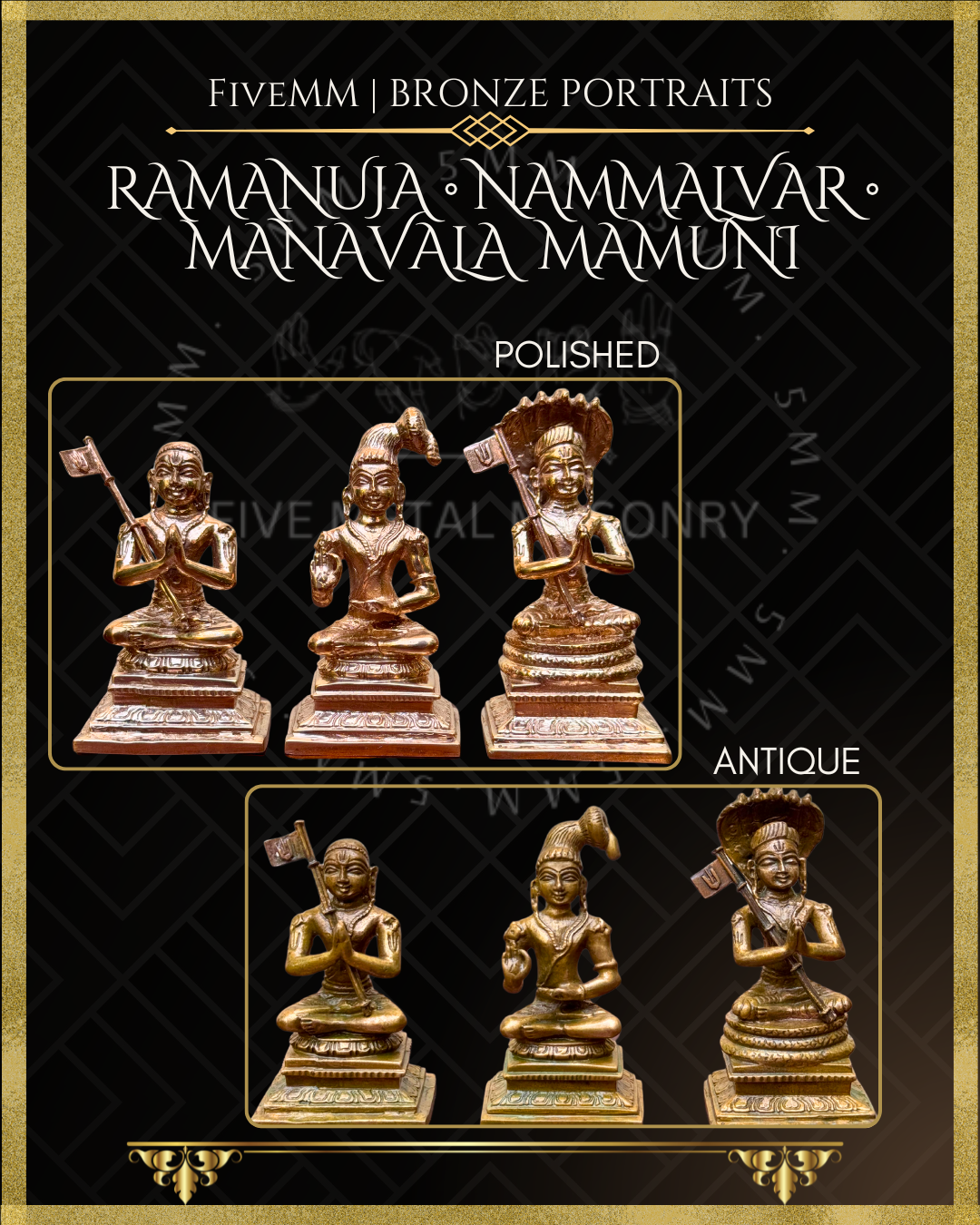 Vaishnava Saints: Ramanujacharya, Nammalvar, Manavalamamuni Panchaloha Bronze Icon Set - 3" - Polished finish