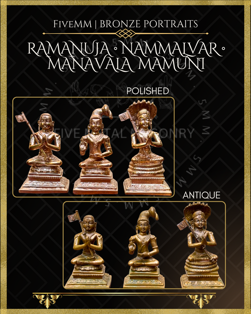 Vaishnava Saints: Ramanujacharya, Nammalvar, Manavalamamuni Panchaloha Bronze Icon Set - 3" - Polished finish