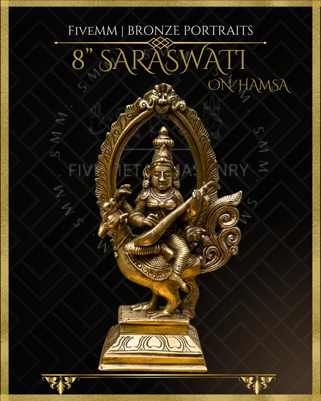 Saraswati seated on Hamsa Panchaloha Bronze Icon - 8"