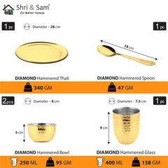 Stainless Steel Hammered Thali Set with Gold PVD Coating Diamond