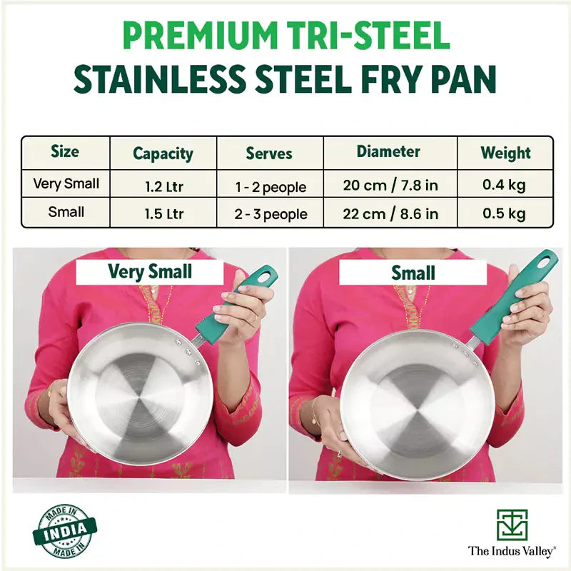 Tri-Steel Stainless Steel Frying Pan/Skillet, Premium Quality, Tri-ply (3 Layer) Bottom, Soft-touch Handle, 100% Toxin-free, Non-stick, Induction & Gas, 20/22cm, 1.2/1.5L