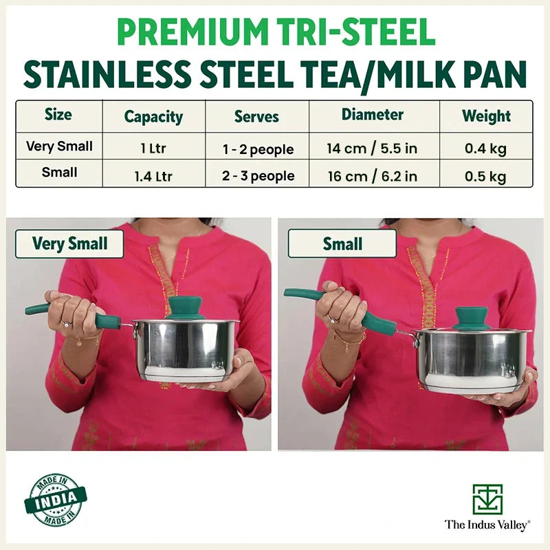 Tri-Steel Stainless Steel Tea/Milk Pan+ Lid, Premium Quality, Tri-ply (3 Layer) Bottom, Soft-touch Handle, 100% Toxin-free, Non-stick, Induction & Gas, 1/1.4 L, 14/16 cm