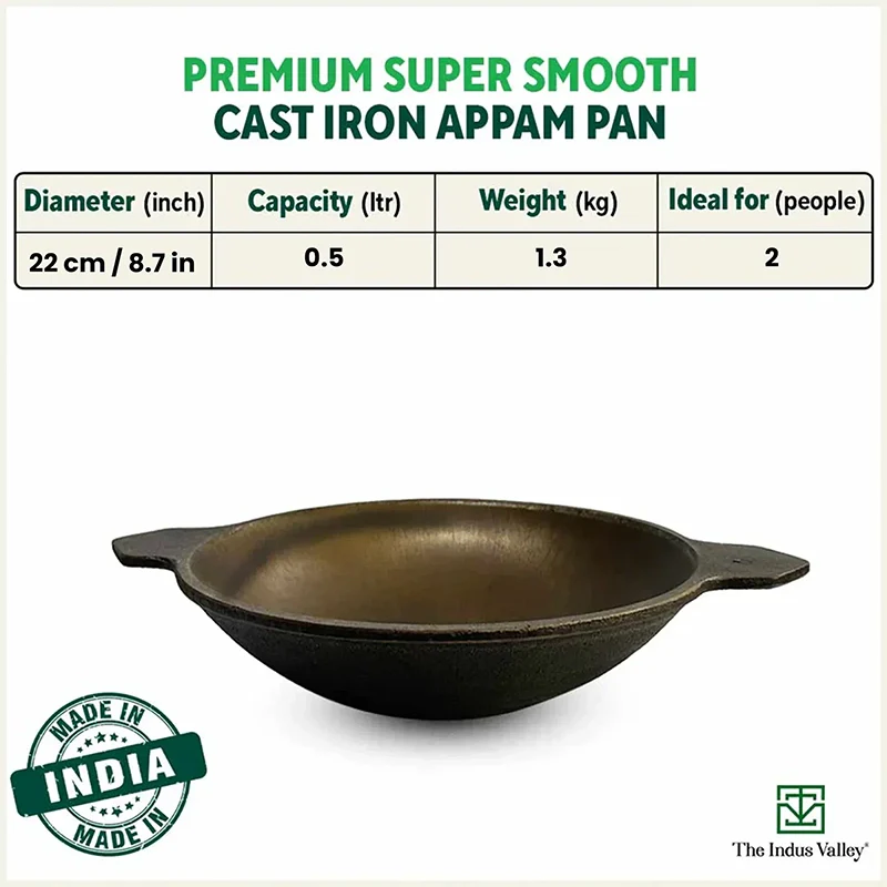 Super Smooth Cast Iron Appam Pan/Appachetty, Pre-seasoned, Nonstick, 100% Pure, Toxin-free, 22cm, 1.9kg