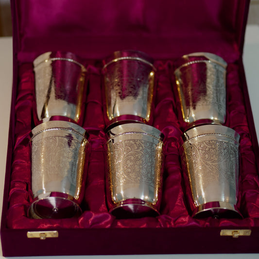 6 Pieces Brass Glasses Set with Velvet Box