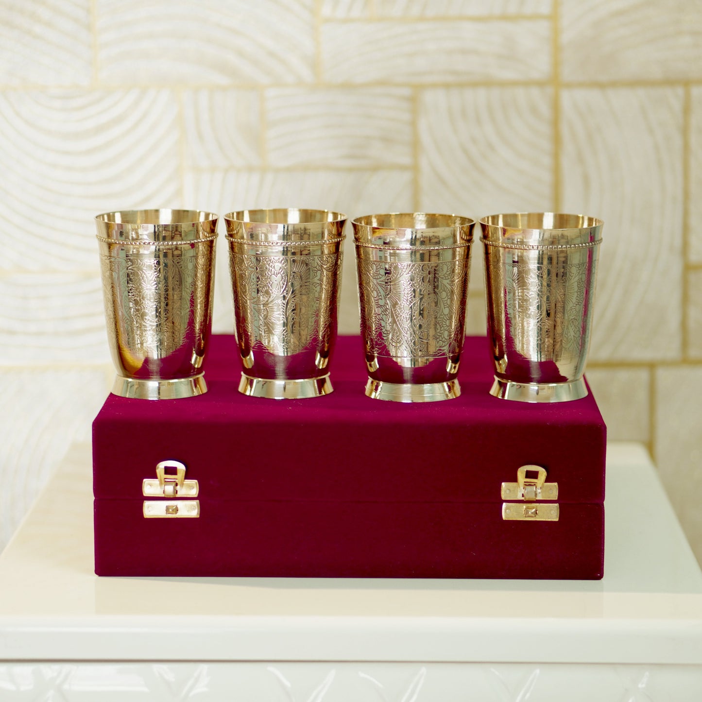 6 Pieces Brass Glasses Set with Velvet Box