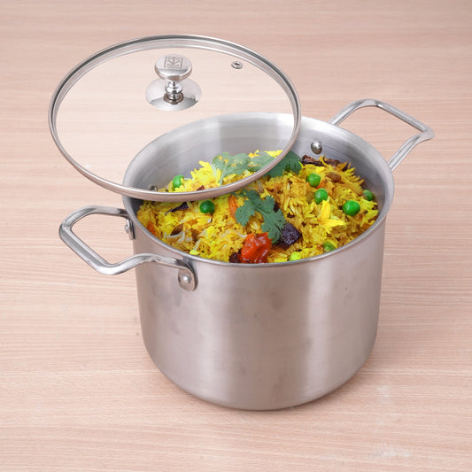 TurboCuk Tri-ply Stainless Steel Tall Biryani Pot/Casserole+ Glass Lid, Premium Quality, 3 Layer Thick Body, 100% Toxin-free, Non-stick, Induction & Gas, 6L
