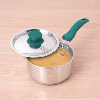 Tri-Steel Stainless Steel Tea/Milk Pan+ Lid, Premium Quality, Tri-ply (3 Layer) Bottom, Soft-touch Handle, 100% Toxin-free, Non-stick, Induction & Gas, 1/1.4 L, 14/16 cm