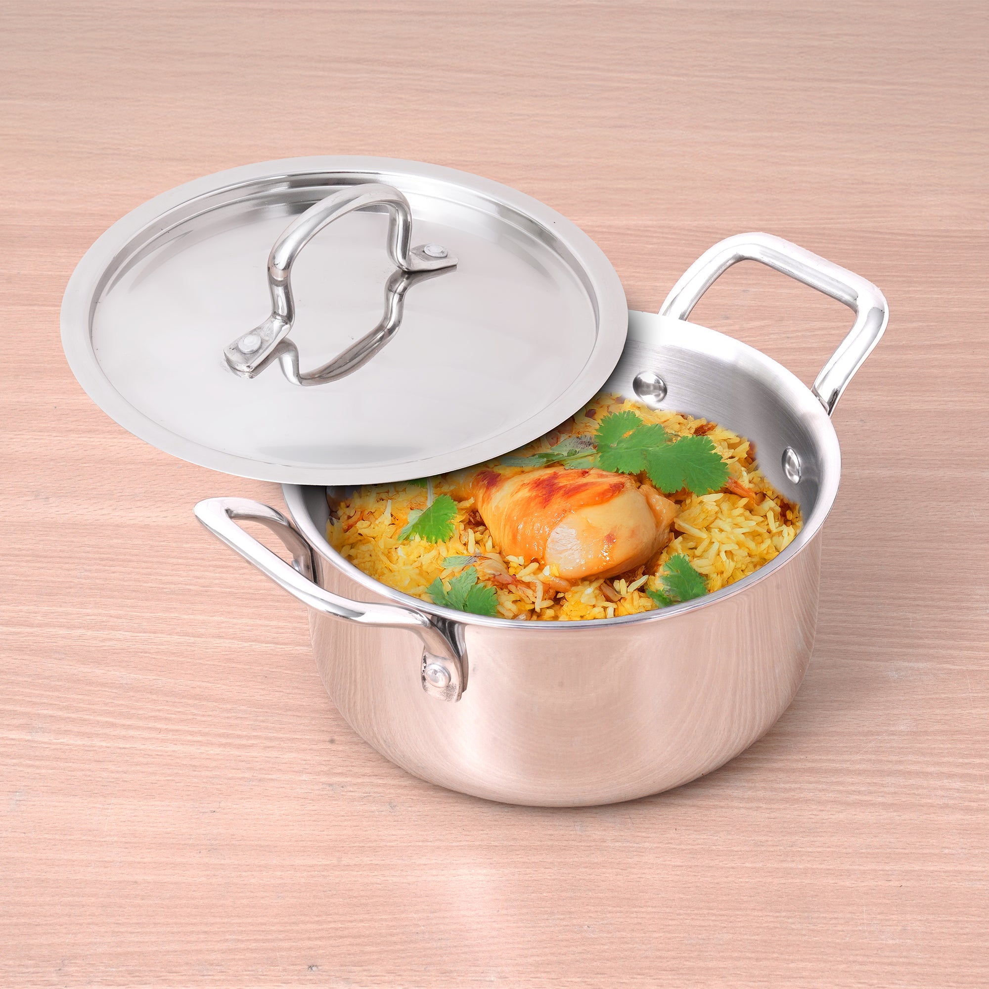 TurboCuk Tri-ply Stainless Steel Casserole/ Biryani Cooking Pot+ Steel Lid, Premium Quality, 3 Layer Thick Body, 100% Toxin-free, Non-stick, Induction & Gas, 3.1L