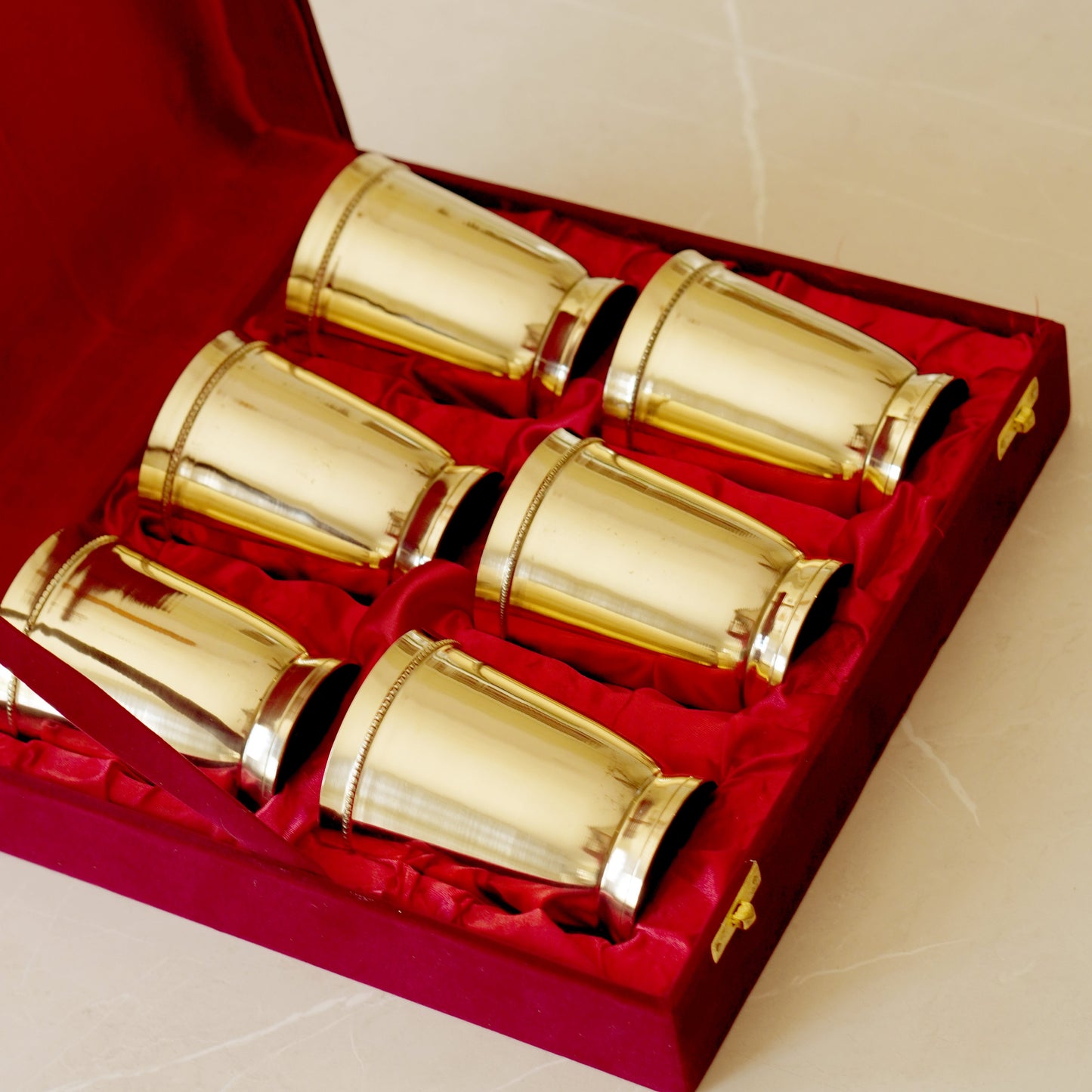 6 Pieces Brass Glasses Set with Velvet Box