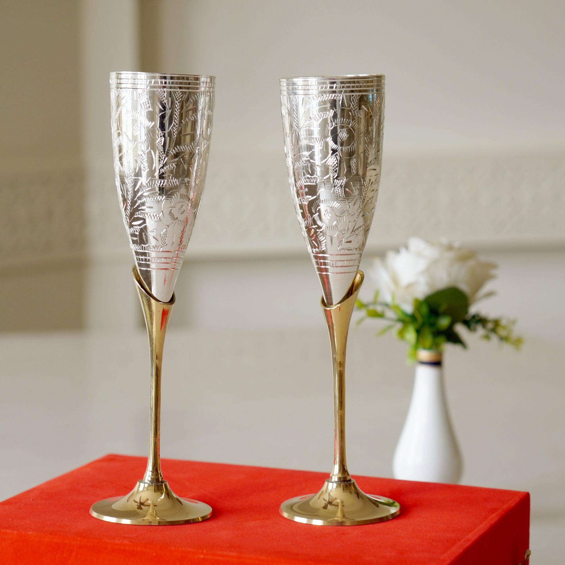 Brass Wine Glasses with Velvet Box