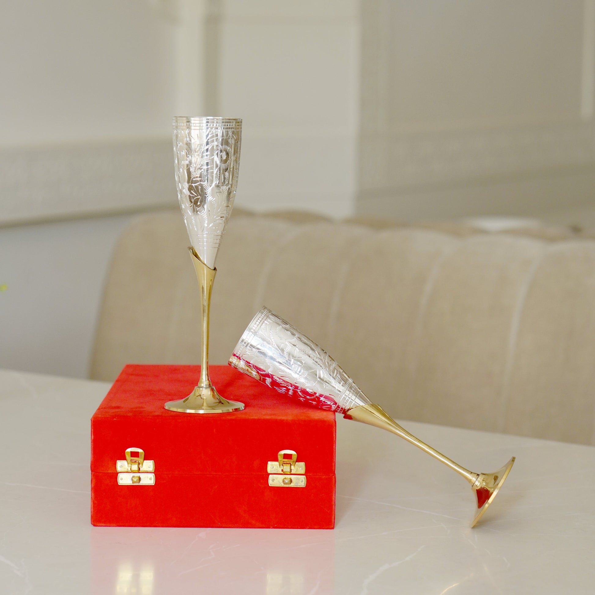 Brass Wine Glasses with Velvet Box
