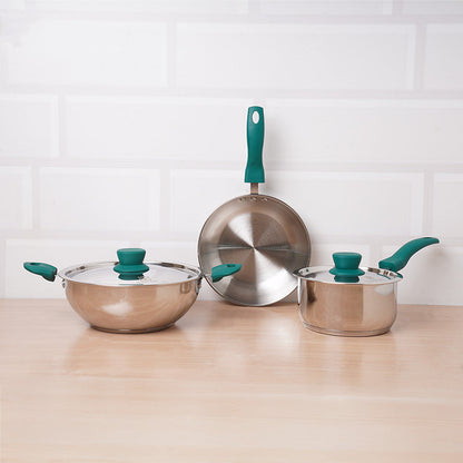 Tri-Steel Stainless Steel Cookware Set: Kadai with Lid+ Tea/Milk Pan with Lid+ Fry Pan, Premium Quality, Tri-ply (3 Layer Bottom), Soft-touch Handles, 100% Toxin-free, Non-stick, Induction & Gas