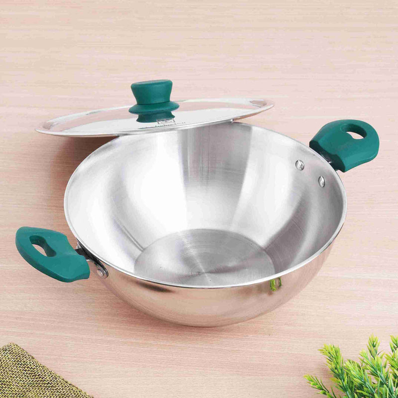 Tri-Steel Stainless Steel Kadai+ Lid, Premium Quality, Tri-ply (3 Layer) Bottom, Cool-touch Handles, 100% Toxin-free, Non-stick, Induction & Gas, 1.6/2.1/3.4/4.5 L, 20/22/26/28 cm