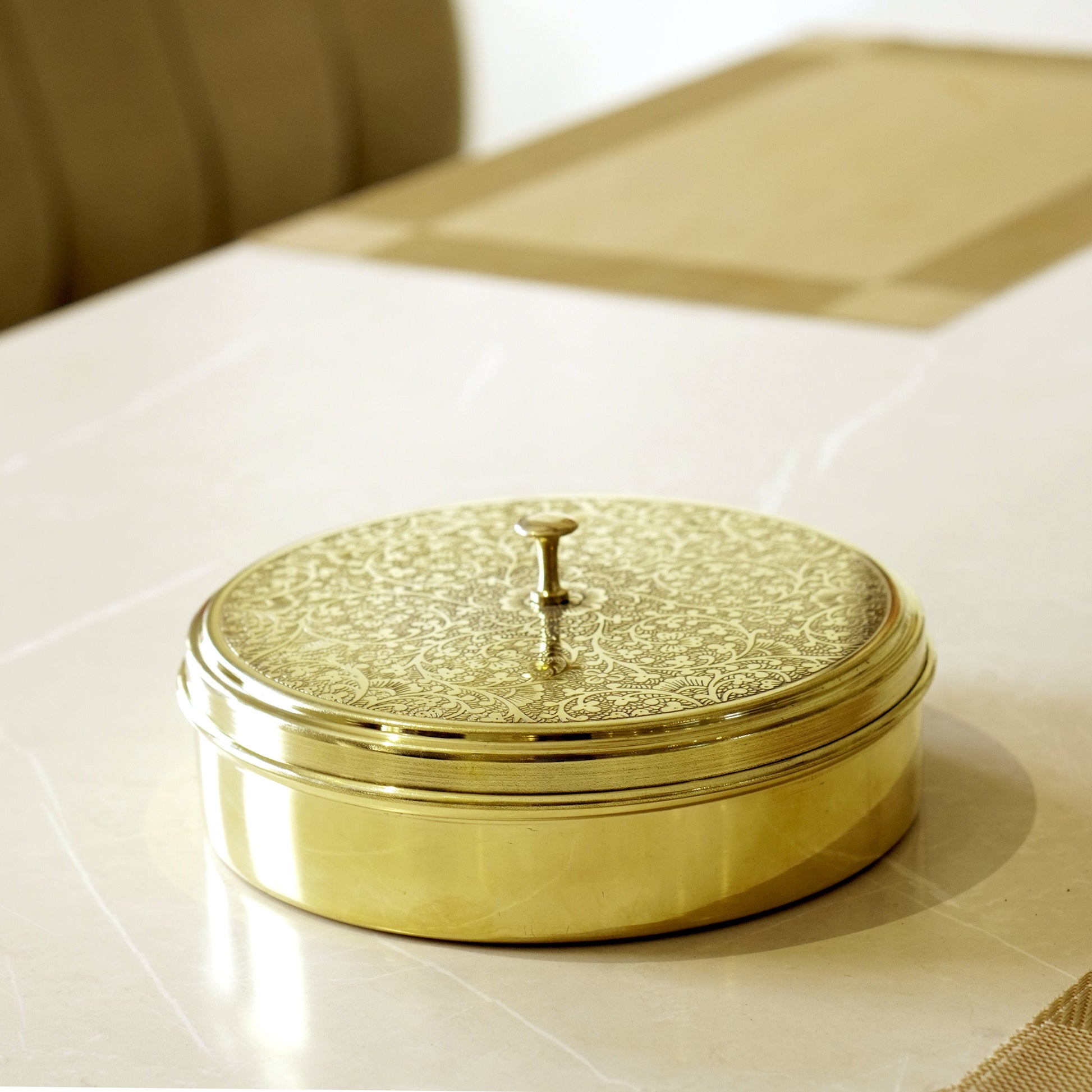 Etched Brass Masala/ Spice Box (7 Inch)