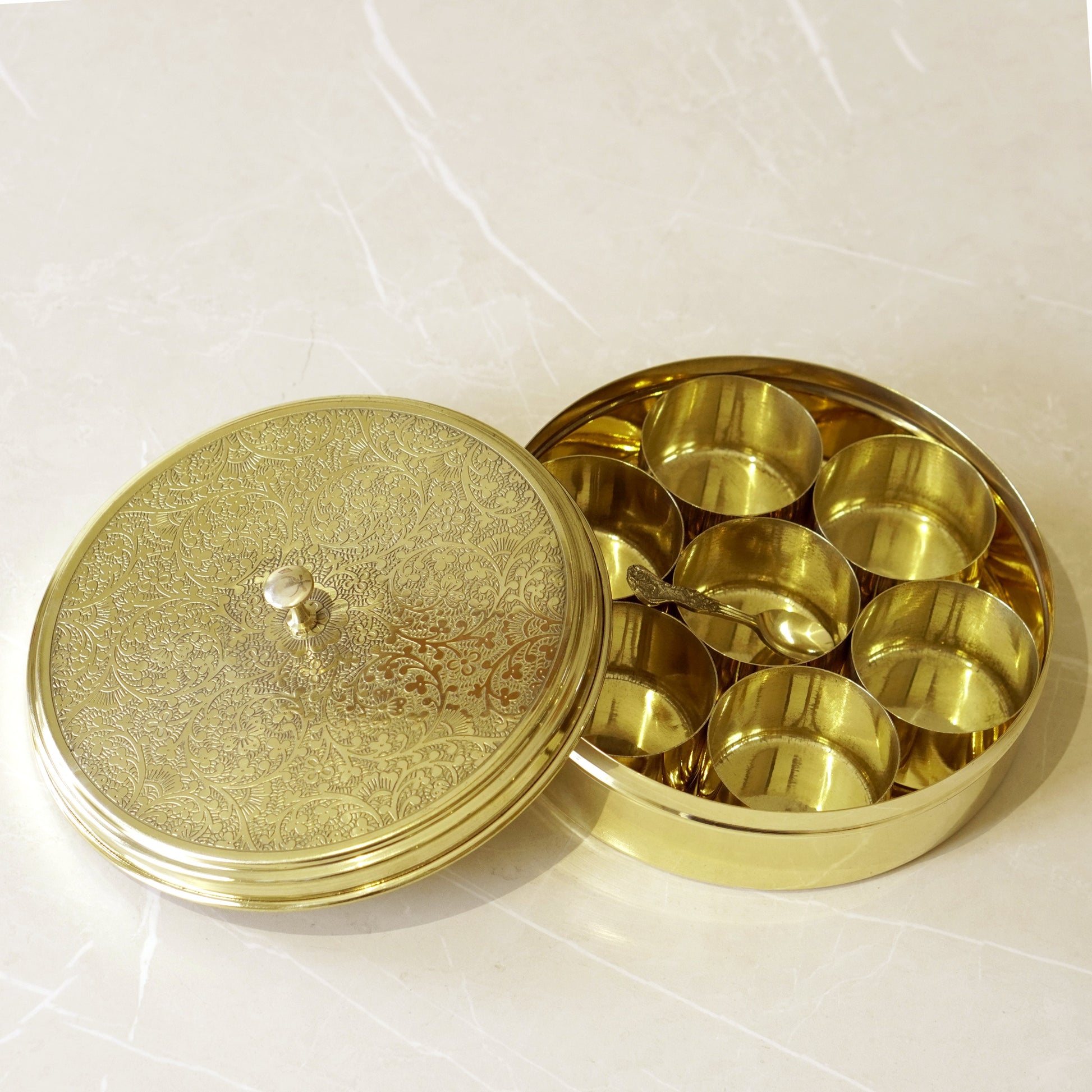 Etched Brass Masala/ Spice Box (7 Inch)