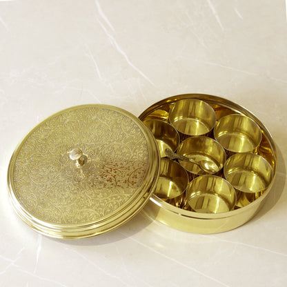 Etched Brass Masala/ Spice Box (7 Inch)