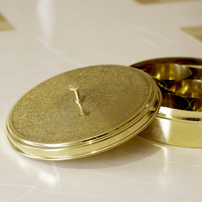 Etched Brass Masala/ Spice Box (7 Inch)