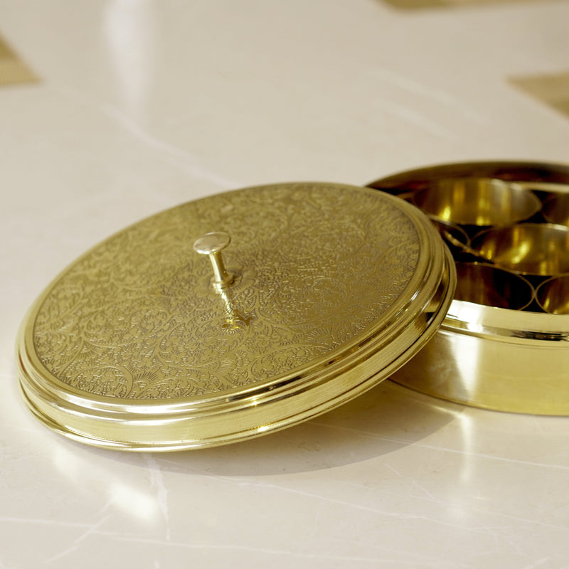 Etched Brass Masala/ Spice Box (7 Inch)