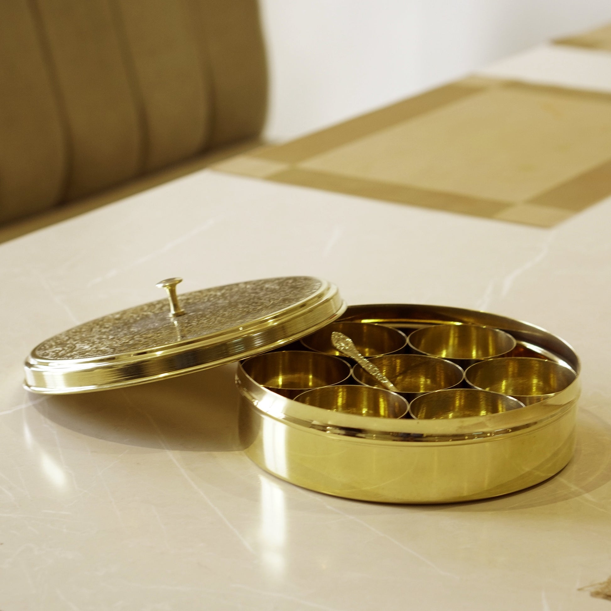 Etched Brass Masala/ Spice Box (7 Inch)