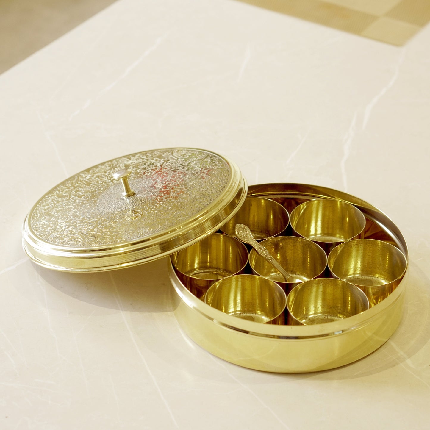 Etched Brass Masala/ Spice Box (7 Inch)