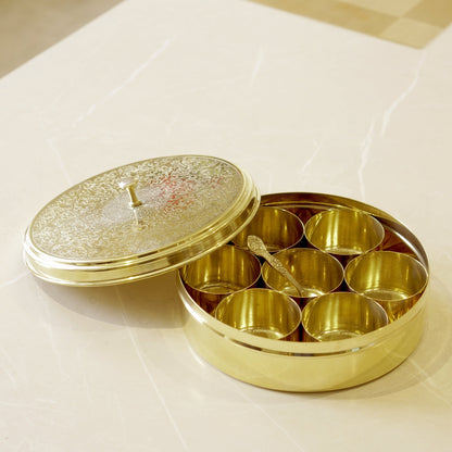 Etched Brass Masala/ Spice Box (7 Inch)
