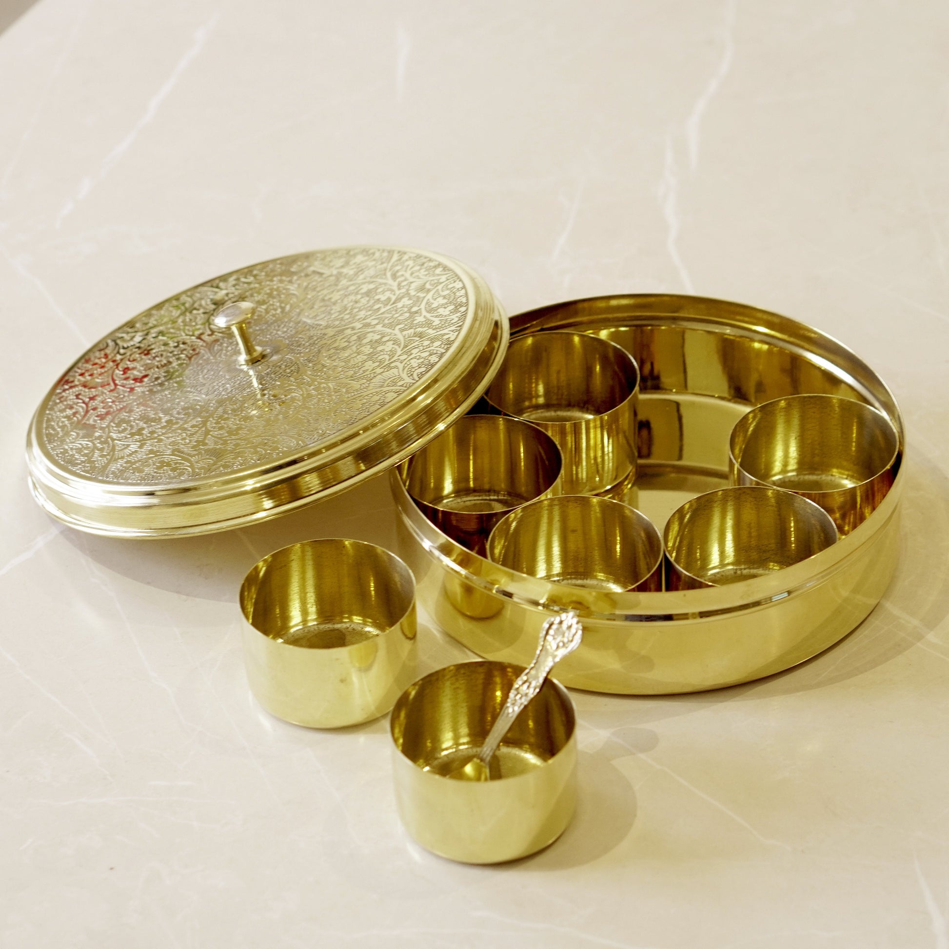 Etched Brass Masala/ Spice Box (7 Inch)
