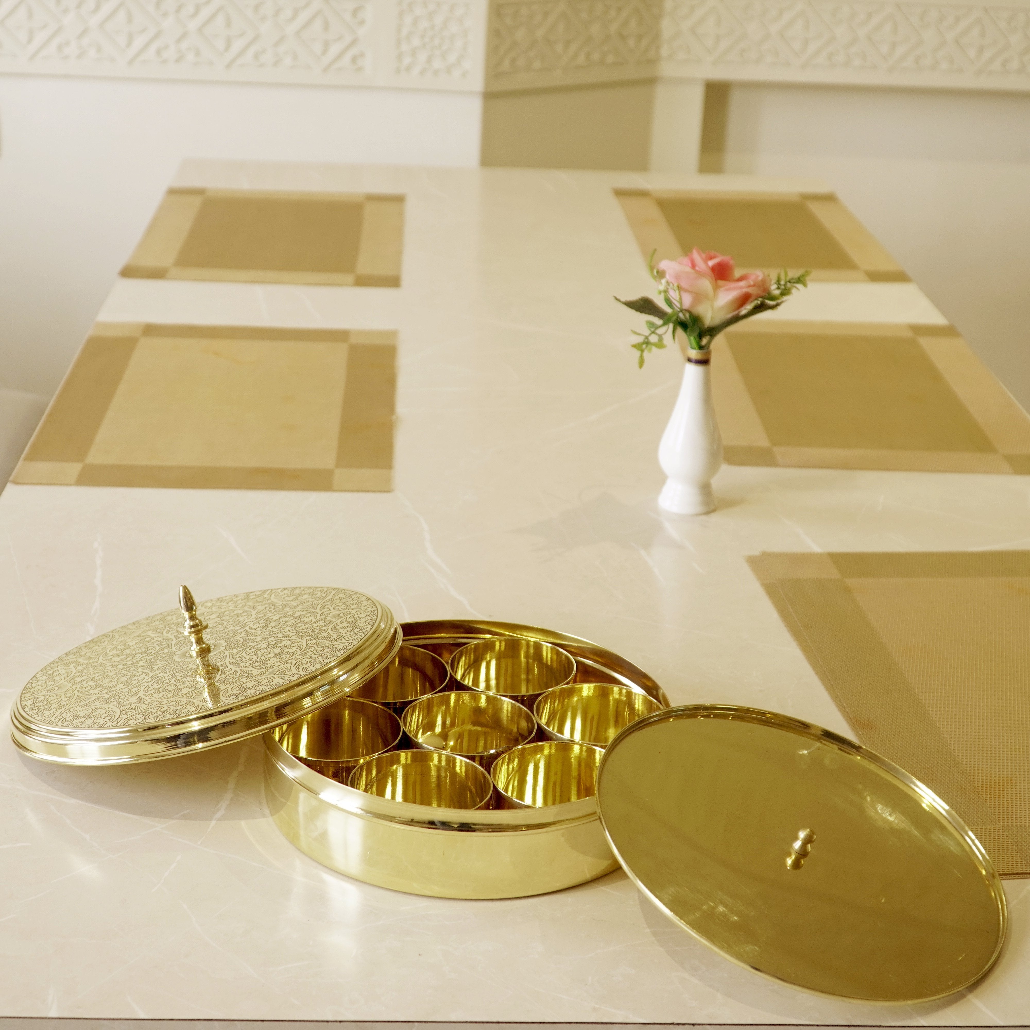 Brass Etched Spice / Masala Box 9inch