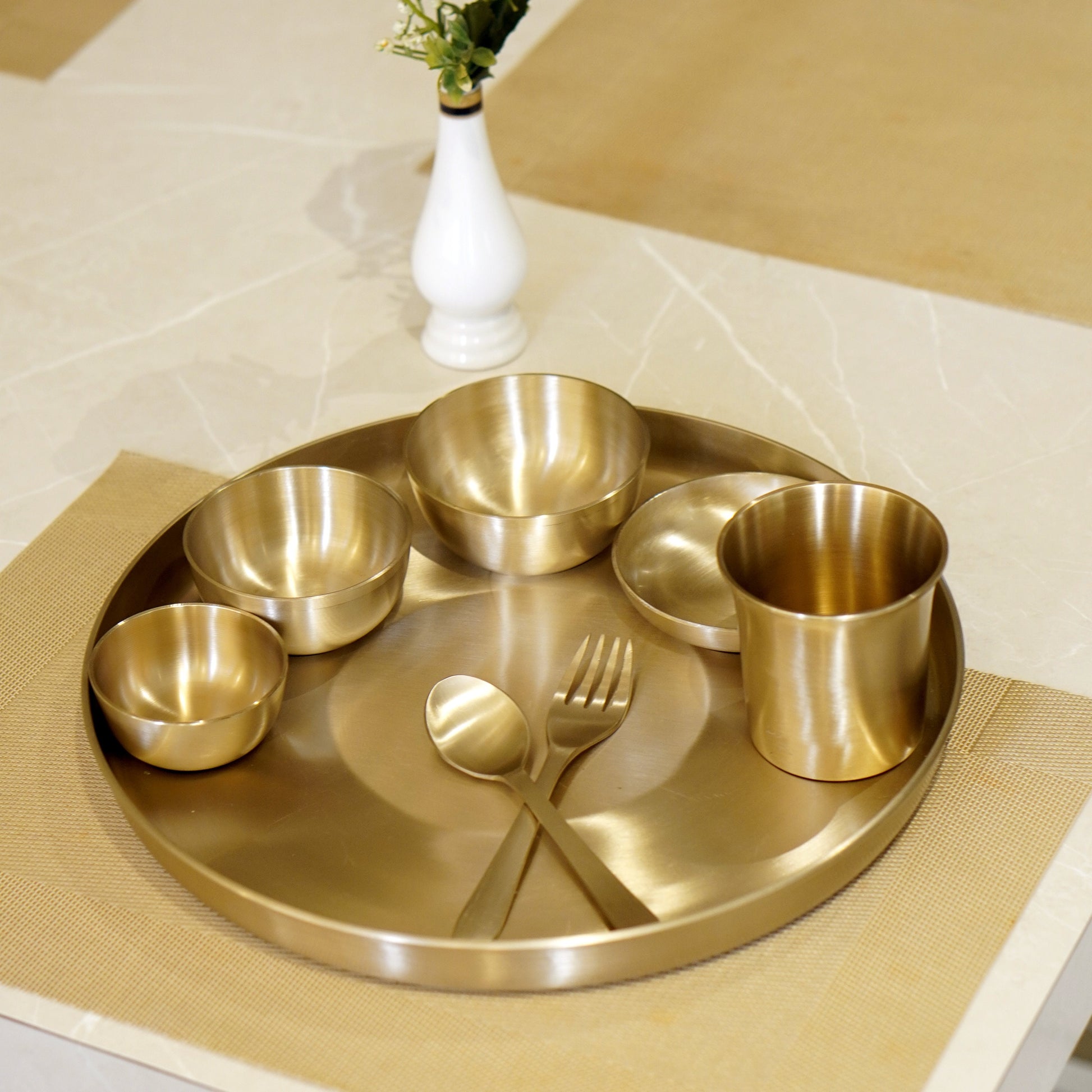 Bronze / Kansa Dinner Set  With Matt Finished | Thali, Bowl, Spoon and Glass