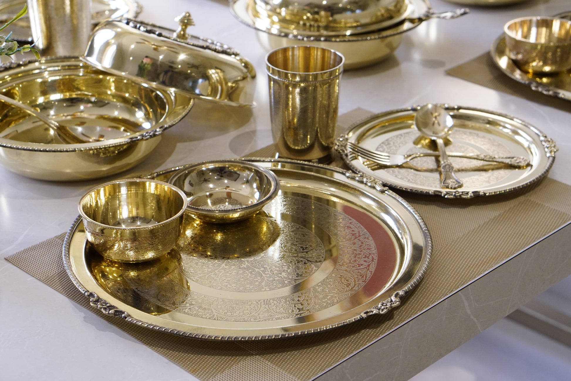 51 Piece brass Etched Dinner Set