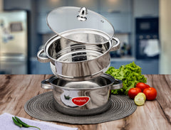 PrayLady Stainless Steel 3-Tier Steamer with Sandwich Bottom (20 cm / 22 cm / 24 cm)